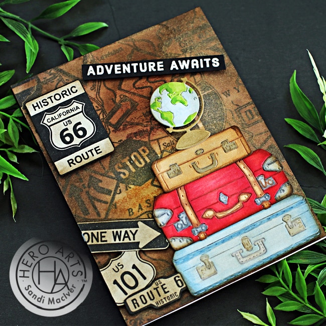 handmade greeting card with vintage road signs and luggage created with new card making products from Hero Arts