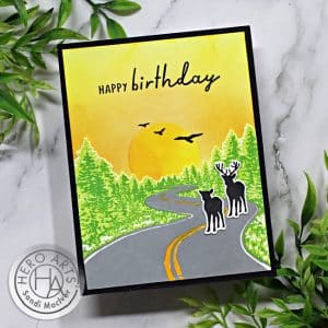 Hero Arts Winding Road handmade card showing a sunrise and deer silhouettes created with new card making supplies from Hero Arts