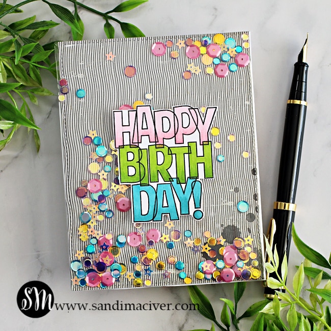 handmade birthday shaker card with a pretty copic colored sentiment using new cardmaking supplies from Simon Says Stamp