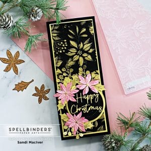 Black and pink slimline card with pink poinsettia created with new card making supplies from Spellbinders