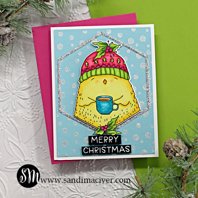 handmade christmas card with a cute chick in a hat using card making supplies from Waffle Flowers