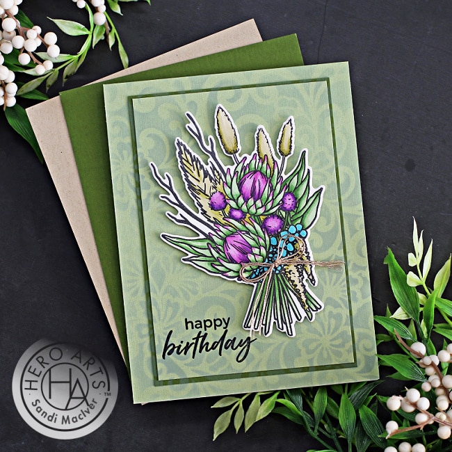 fall birthday card in greens and purples using the Hero Arts Artichoke Arrangement Bundle