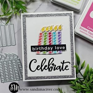 handmade birthday card with a rainbow of candles created with new card making products from Simon Says Stamp