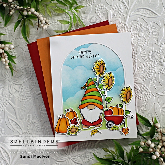 handmade fall scene with gnomes, pumpkins and sunflowers created with new card making products from Spellbinders