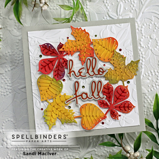 handmade square card decorated with stitched fall leaves created with new card making supplies from Spellbinders