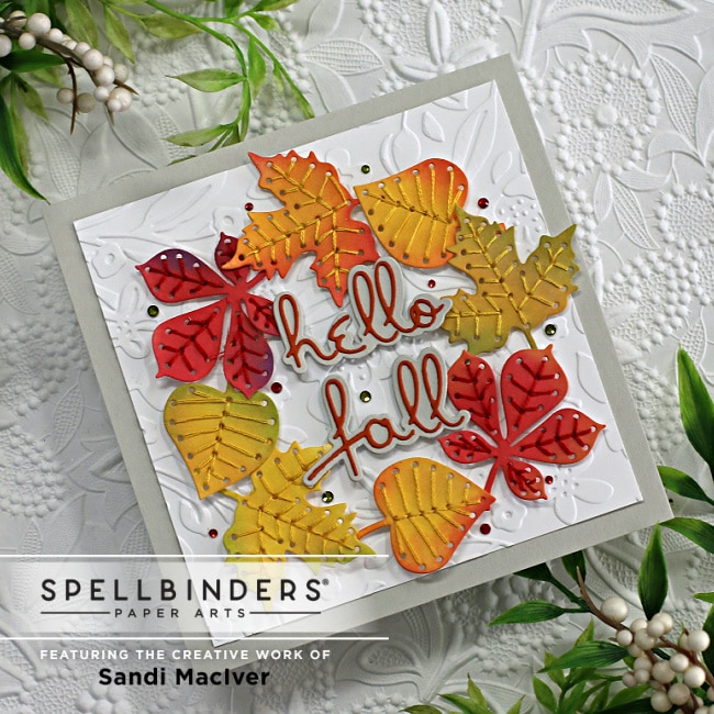 handmade square card decorated with stitched fall leaves created with new card making supplies from Spellbinders
