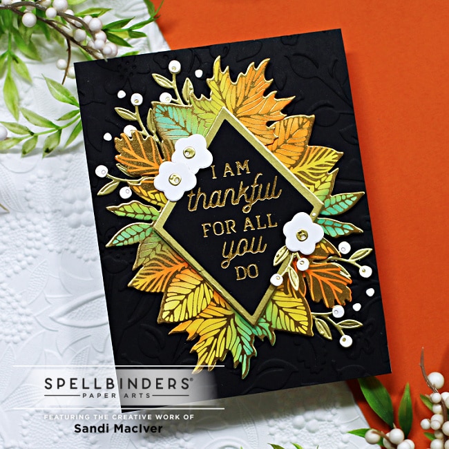 handmade thank you cards with fall colors and glimmer foil created with new card making supplies from Spellbinders