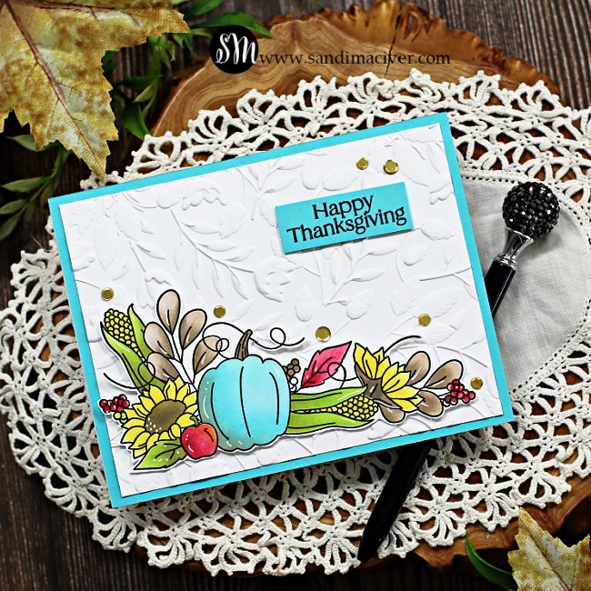 handmade thanksgiving greeting card with a blue pumpkin created with new card making supplies from Simon Says Stamp
