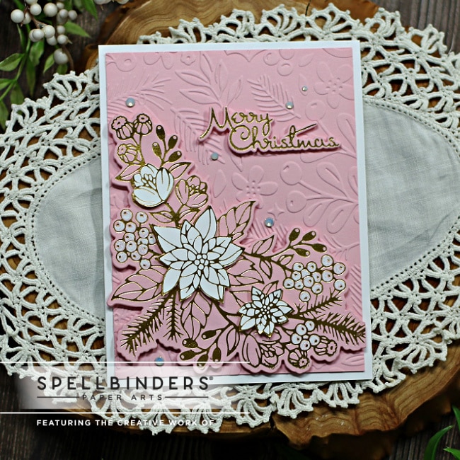 handmade christmas card in white pink and gold with glimmer foil using new card making supplies from Spelbinders