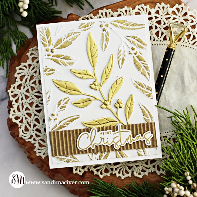 gold and white hand made card with embossed berries and leaves created with new card making supplies from Simon Says Stamp
