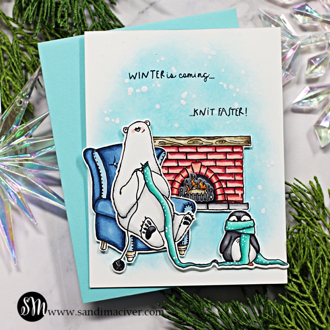 hand made greeting card with a bear knitting and a penguin created with new cardmaking supplies from Colorado Craft Company