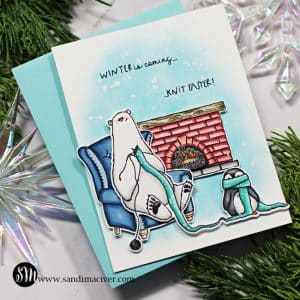 hand made greeting card with a bear knitting and a penguin created with new cardmaking supplies from Colorado Craft Company