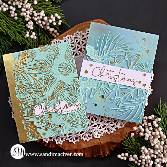 hand made christmas cards with greenery and gold highlights created with new card making products from Simon Says Stamp