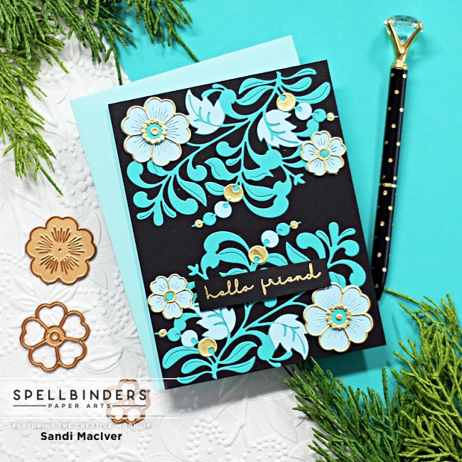 handmade card in black and teal with florals and gold highlights created with new cardmaking supplies from Spellbinders