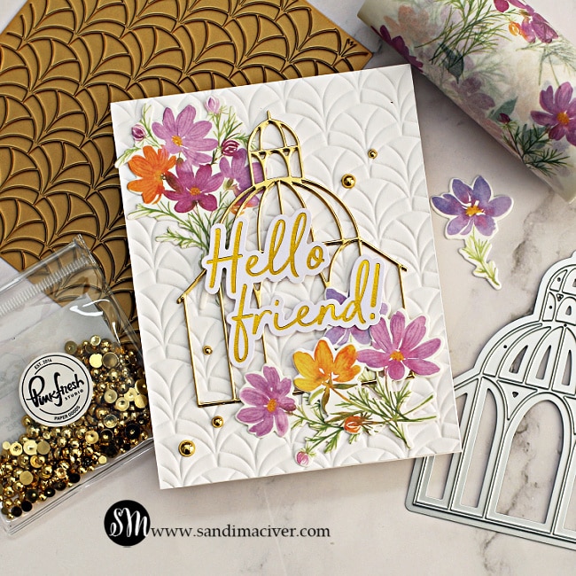 handmade greeting card with pink and orange florals and a pretty gold bird house created with new card making supplies from Pinkfresh Studio