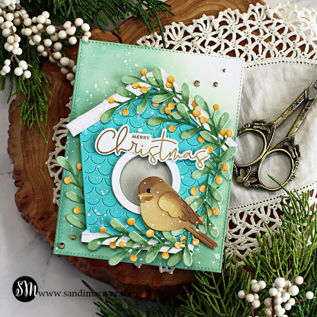 handmade card with a birdhouse, berry branches a little chickadee, created with card making products from Simon Says Stamp