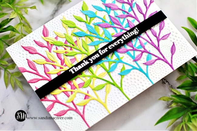 hand made thank you card with a rainbow of leaves across the front, created with new card making supplies from Simon Says Stamp