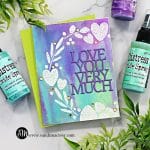 handmade multi media valentine's card in purples blues and greens created with Distress Oxide Ink Sprays from Tim Holtz