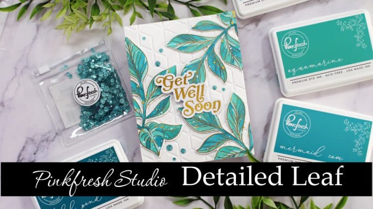 handmade greeting card with green and blue leaves over an embossed background created with new card making products from PinkFresh Studios