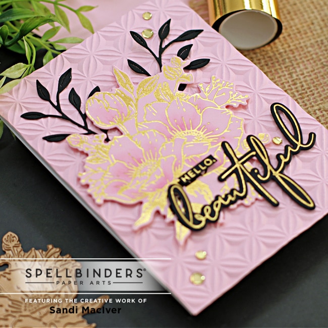 handmade greeting card with a pink and black floral design created using new products from Spellbinders