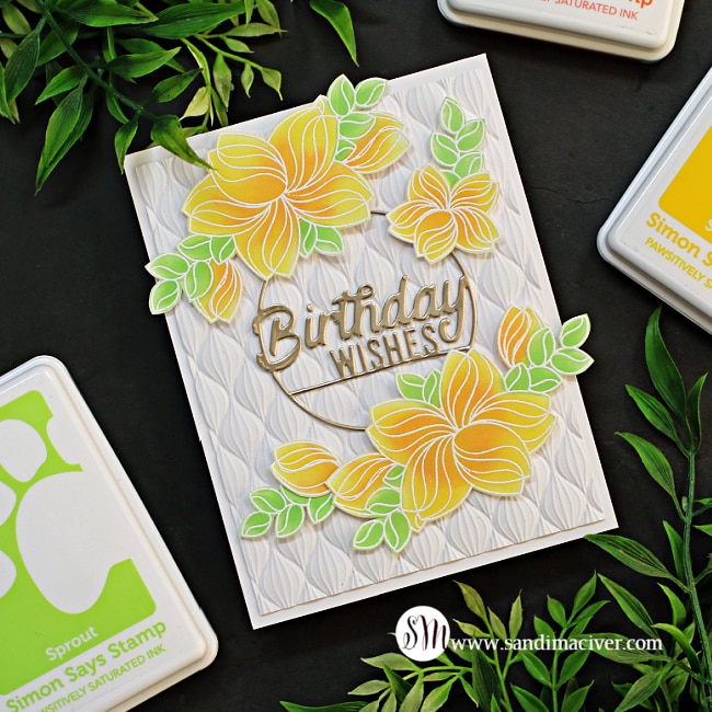 Handmade Birthday card using the swoopy flowers stamp set to create yellow flowers surrounding the Happy Birthday die cut sentiment,created with new card making supplies from Simon Says Stamp