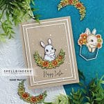 handmade easter card with a white bunny and a floral wreath created using new card making supplies from Spellbinders