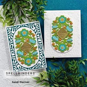 die cut thank you card with a white embossed background and flower overlays done in teal, orange and yellow