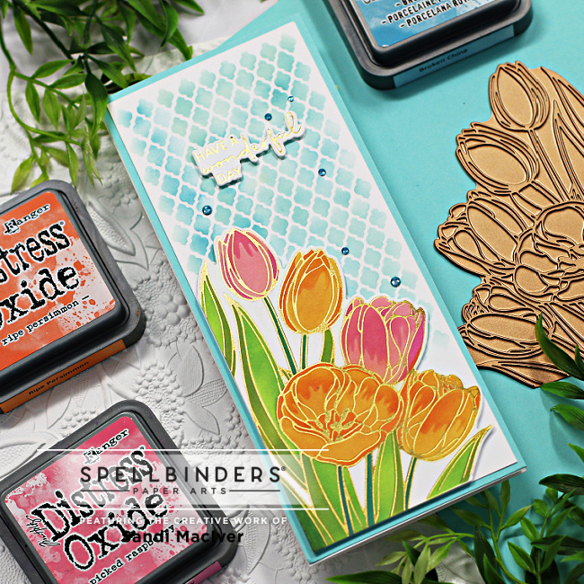 hand made slimline card with pink and orange stenciled tulips created with new card making products from Spellbinders