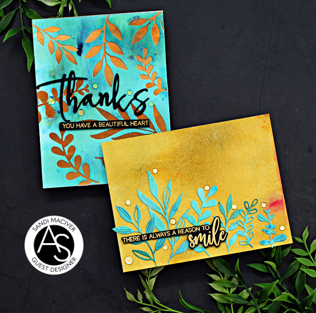 hand made greeting cards with watercolor leaves and background created with new card making products from Alex Syberia Designs