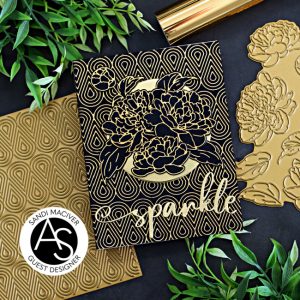 Hand made card in gold and black with big flowers and a foiled background created with new card making supplies from Alex Syberia Designs