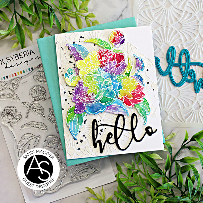 handmade greeting card with watercolored florals on an stenciled background created with new card making supplies from Alex Syberia Designs