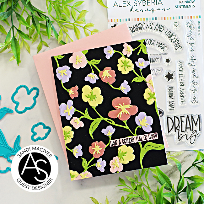 handmade greeting card covered in die cut flowers on a black background created with new cardmaking supplies from Alex Syberia Designs