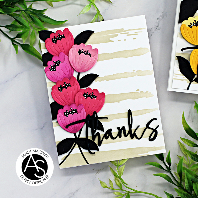 handmade card with Pink flowers and black leaves created with new card making supplies from Alex Syberia Designs