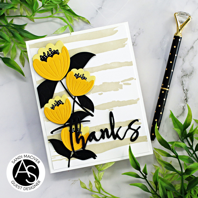 handmade card with yellow flower and black leaves created with new card making supplies from Alex Syberia Designs