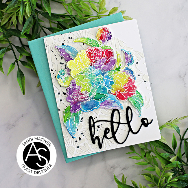 handmade greeting card with watercolored florals on an stenciled background created with new card making supplies from Alex Syberia Designs