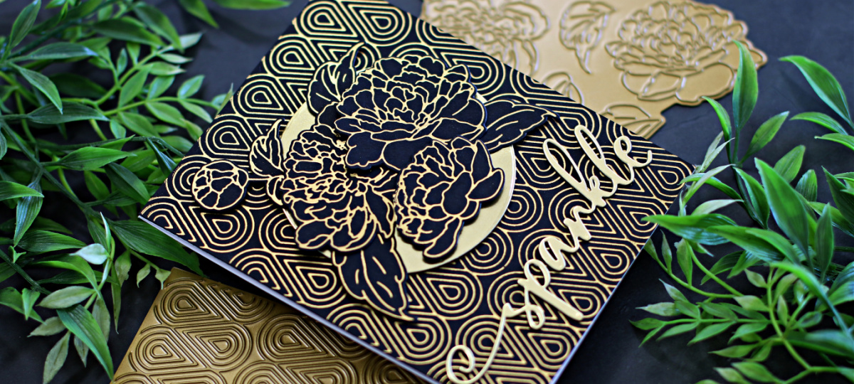 Hand made card in gold and black with big flowers and a foiled background created with new card making supplies from Alex Syberia Designs