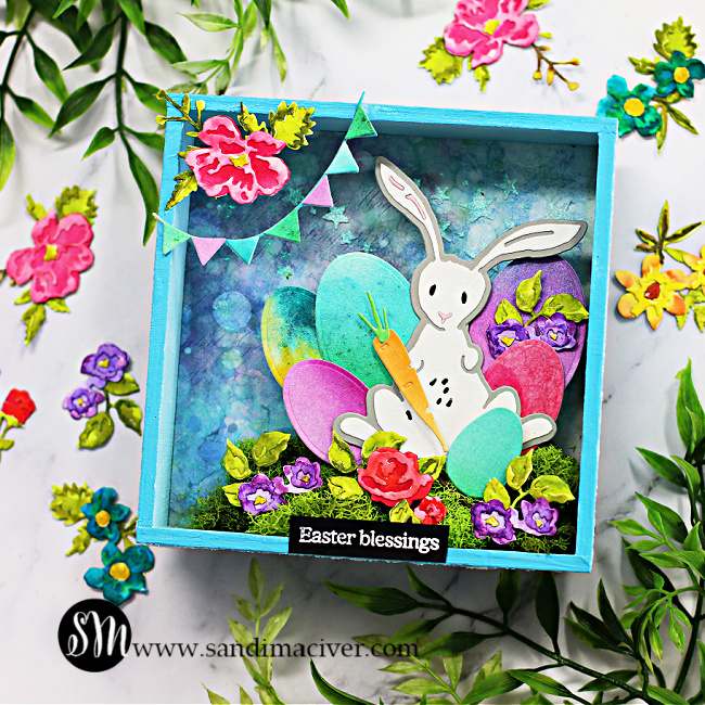 Bunny Vignette Box in turquoise with a white bunny and colored eggs created with card making dies from Tim Holtz and Sizzix