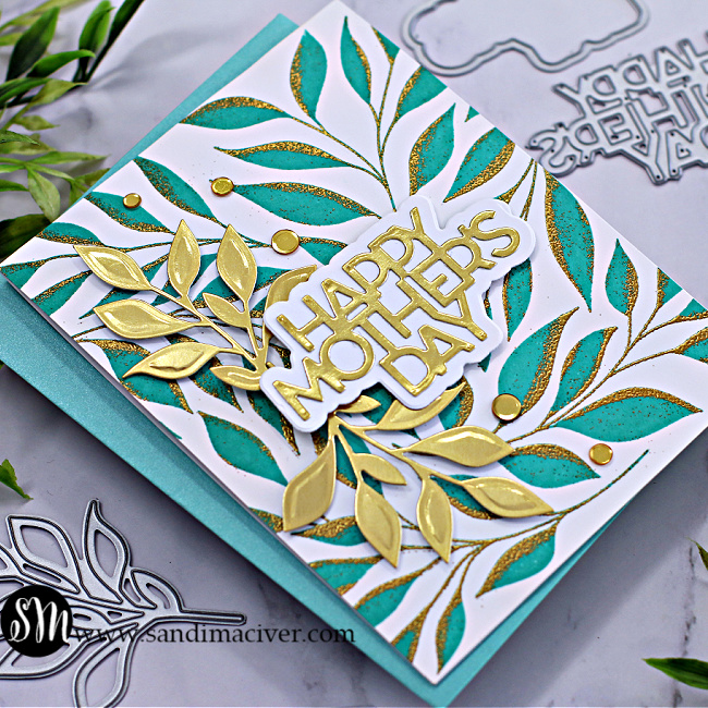 hand made mother's day card with teal and gold leaves created with new card making products from Simon Says Stamp