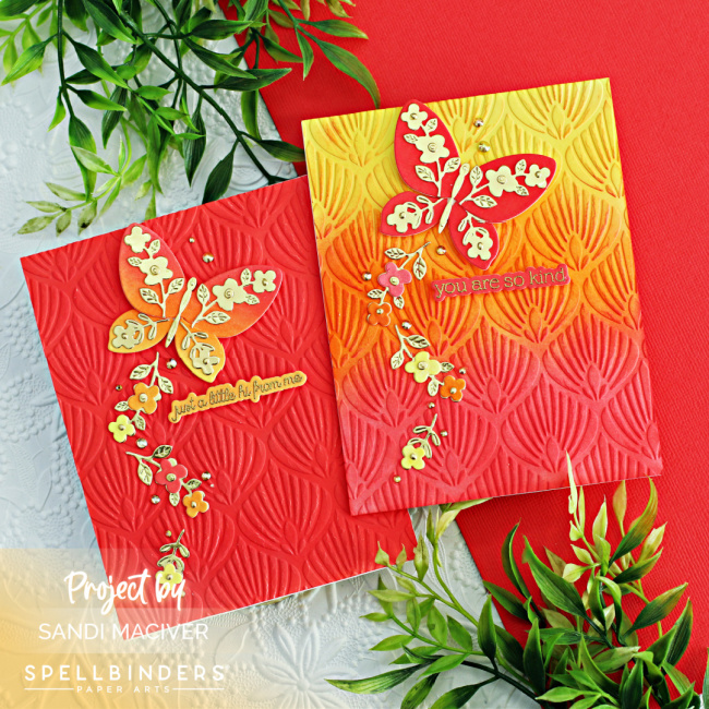 hand made cards in yellow orange and red embossed and embellished with butterflies created with new card making products from Spellbinders