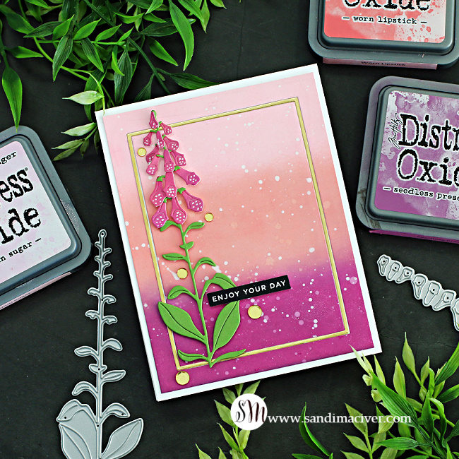 handmade card with an ink blended card front and a die cut foxglove created with new card making products from Simon Says Stamp