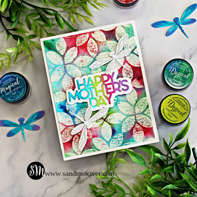 hand made mother's day card with a rainbow geometric background and white dragonflies, created with new card making supplies from Simon Says Stamp