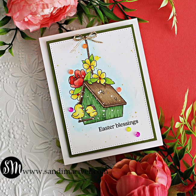 hand made easter card with a bird house, birds and flowers created with new card making supplies from Simon Says Stamp