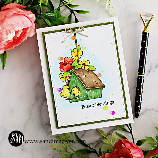 hand made easter card with a bird house, birds and flowers created with new card making supplies from Simon Says Stamp