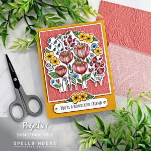 hand made card with florals in yellow and pink muted colors created with new card making supplies from Spellbinders