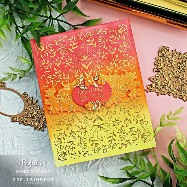 handmade greeting card in pink orange and yellow ombre with a gold foiled floral design created with new card making supplies from Spellbinders