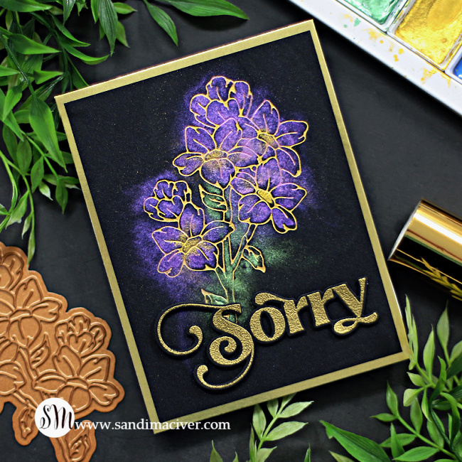 Black and gold sympathy card with a purple watercolor flower created using new card making products from Simon Says Stamp