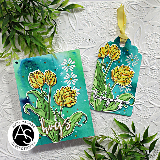 hand made greeting cards with yellow tulips on a green and blue watercolor background created with new card making products from Alex Syberia Designs