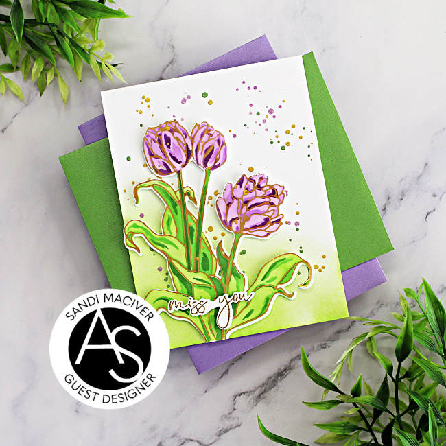 hand made greeting card with purple tulips and gold hot foiling created with new card making supplies from Alex Syberia Designs