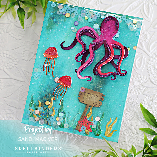 handmade greeting card with a watercolor octopus and jellyfish, created with new cardmaking dies from Spellbinders