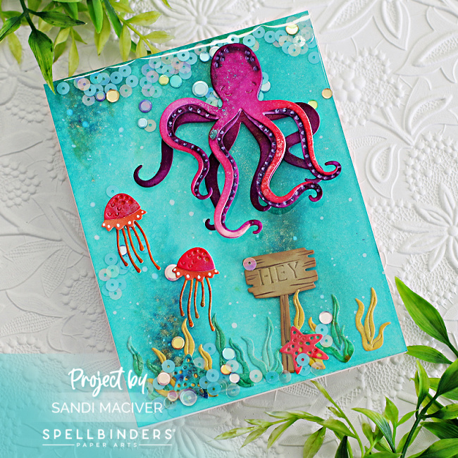 handmade greeting card with a watercolor octopus and jellyfish, created with new cardmaking dies from Spellbinders